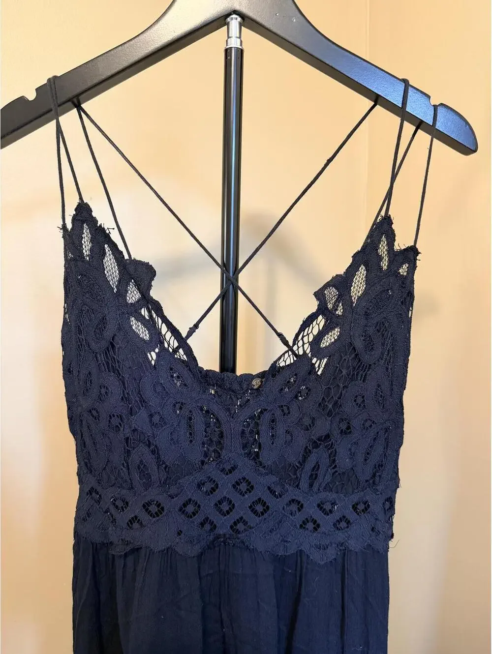 Free People Black Lace Slip Dress Size M Boho Crochet Strappy Mini Dress